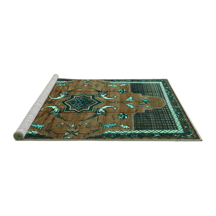 Sideview of Machine Washable Persian Turquoise Traditional Area Rugs, wshtr1209turq