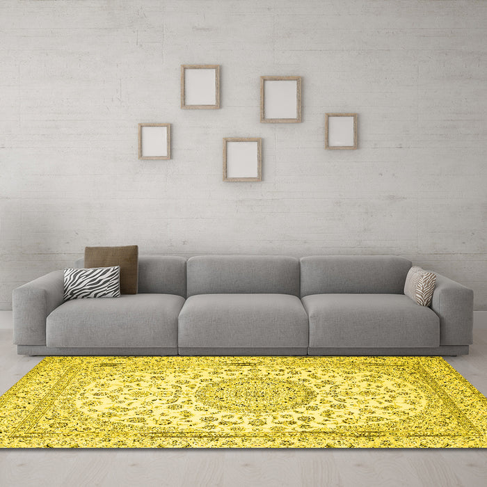 Machine Washable Medallion Yellow Traditional Rug in a Living Room, wshtr120yw