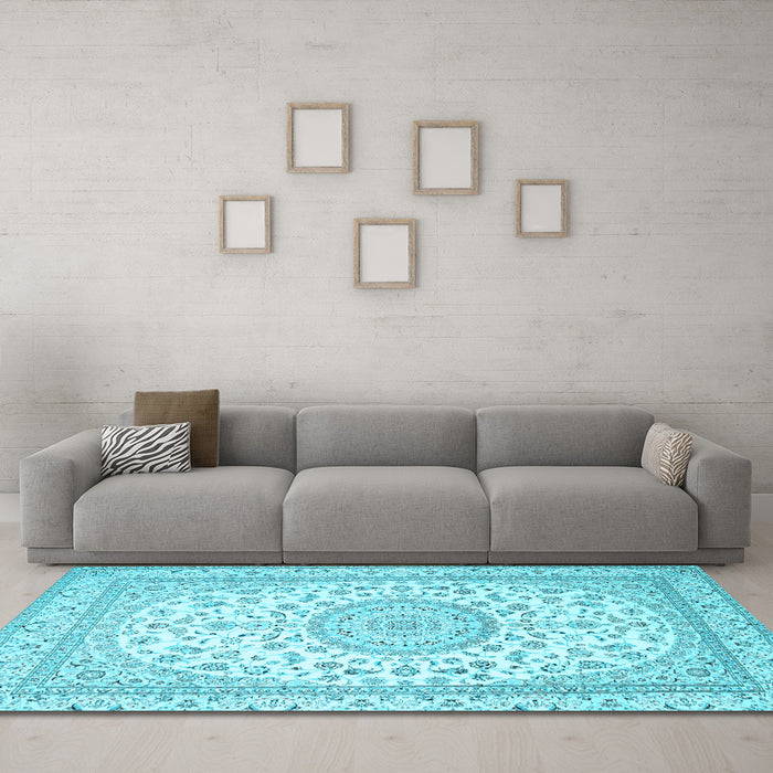 Machine Washable Medallion Light Blue Traditional Rug in a Living Room, wshtr120lblu