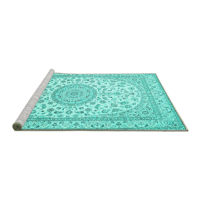 Sideview of Machine Washable Medallion Turquoise Traditional Area Rugs, wshtr120turq