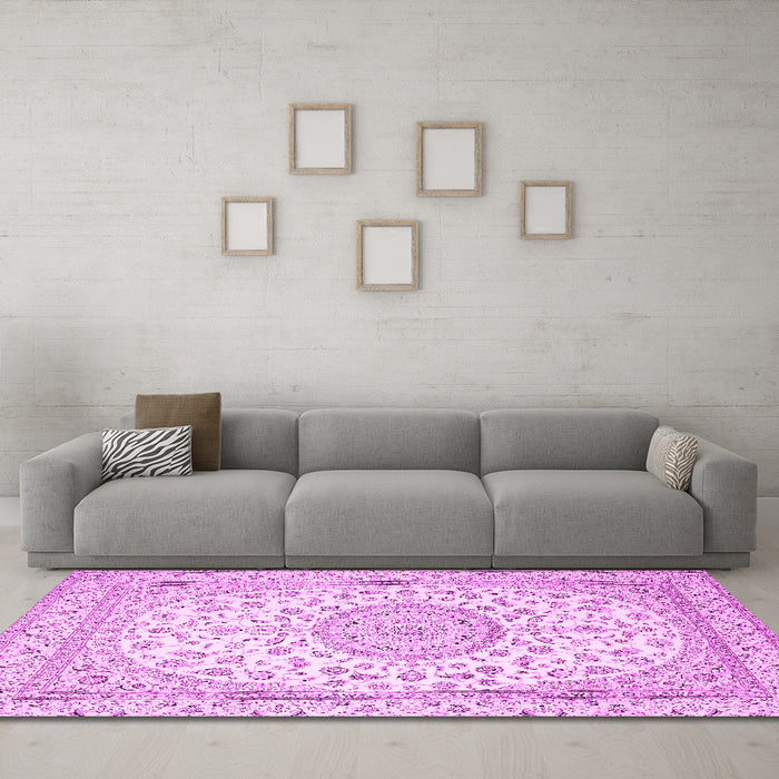 Machine Washable Medallion Pink Traditional Rug in a Living Room, wshtr120pnk