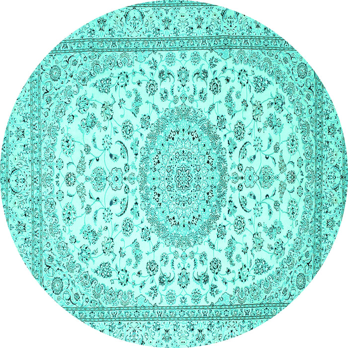 Round Machine Washable Medallion Turquoise Traditional Area Rugs, wshtr120turq