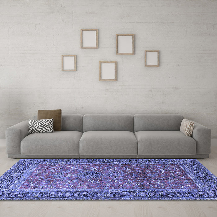 Machine Washable Persian Blue Traditional Rug in a Living Room, wshtr1210blu