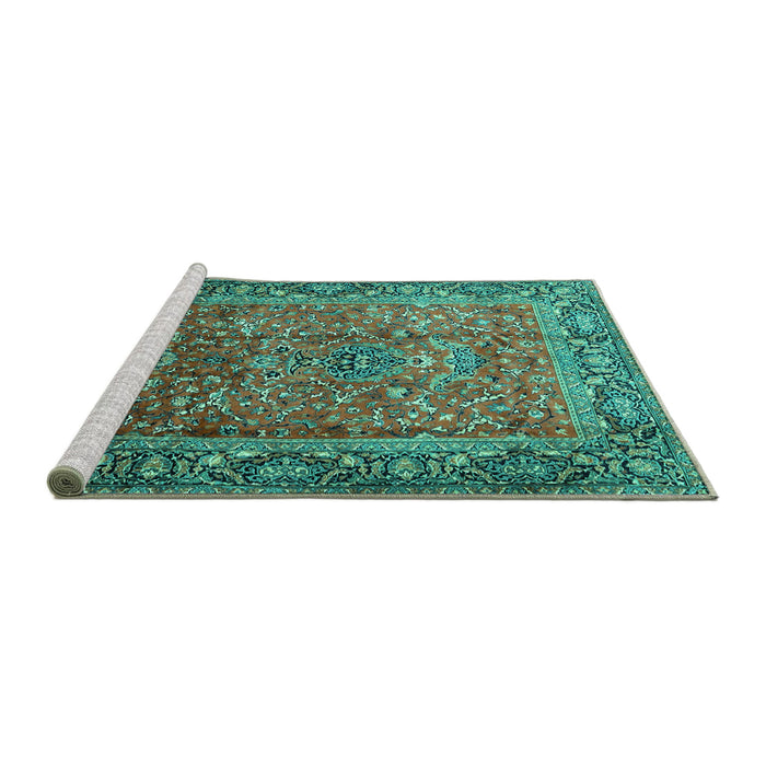 Sideview of Machine Washable Persian Turquoise Traditional Area Rugs, wshtr1210turq