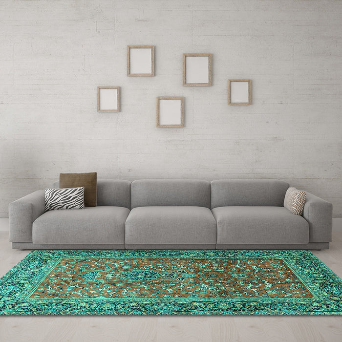 Machine Washable Persian Turquoise Traditional Area Rugs in a Living Room,, wshtr1210turq