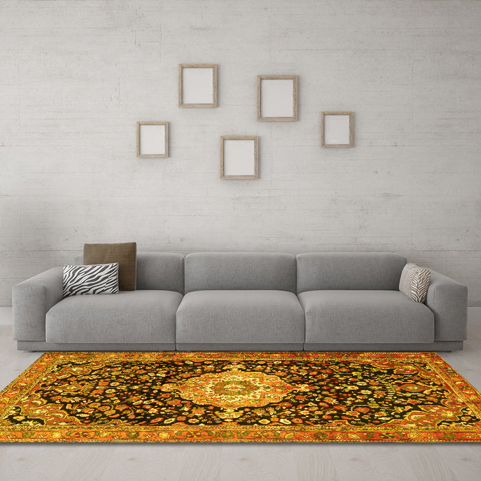 Machine Washable Medallion Yellow Traditional Rug in a Living Room, wshtr1211yw