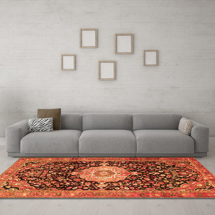 Machine Washable Medallion Orange Traditional Area Rugs in a Living Room, wshtr1211org