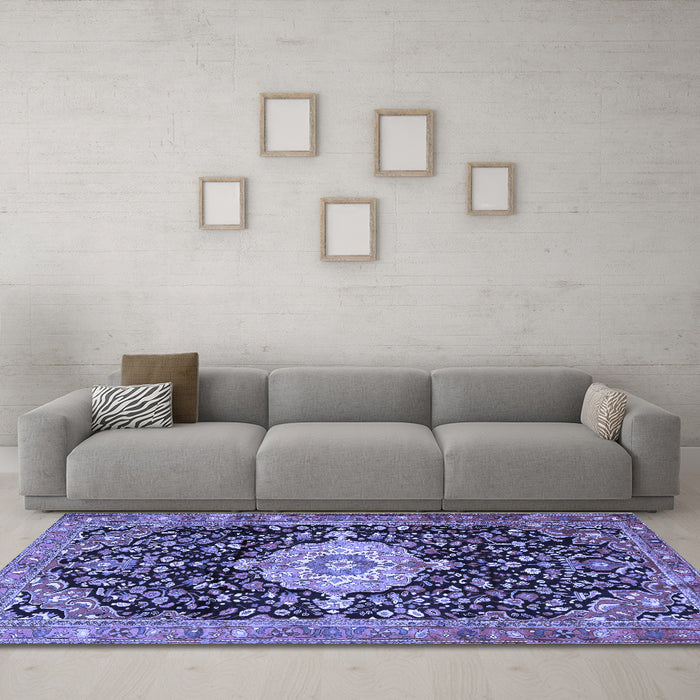 Machine Washable Medallion Blue Traditional Rug in a Living Room, wshtr1211blu