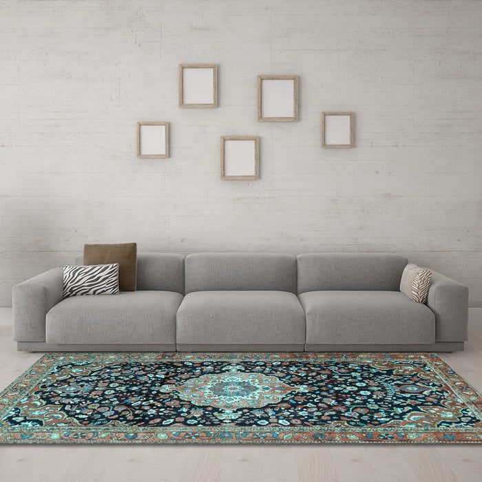 Machine Washable Medallion Light Blue Traditional Rug in a Living Room, wshtr1211lblu