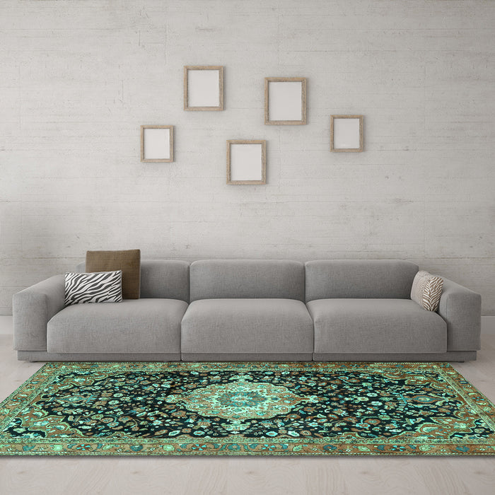 Machine Washable Medallion Turquoise Traditional Area Rugs in a Living Room,, wshtr1211turq
