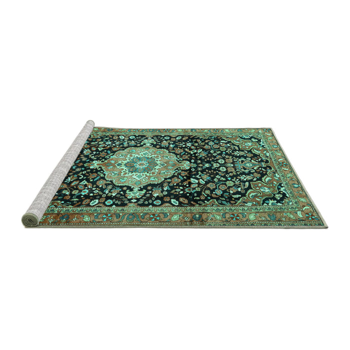 Sideview of Machine Washable Medallion Turquoise Traditional Area Rugs, wshtr1211turq