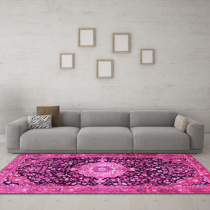 Machine Washable Medallion Pink Traditional Rug in a Living Room, wshtr1211pnk