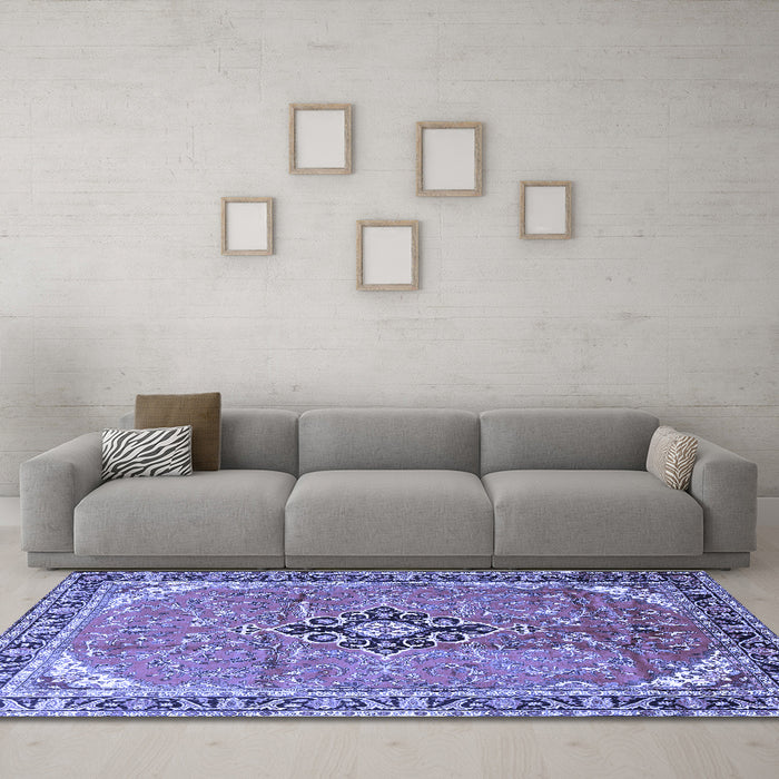Machine Washable Medallion Blue Traditional Rug in a Living Room, wshtr1212blu