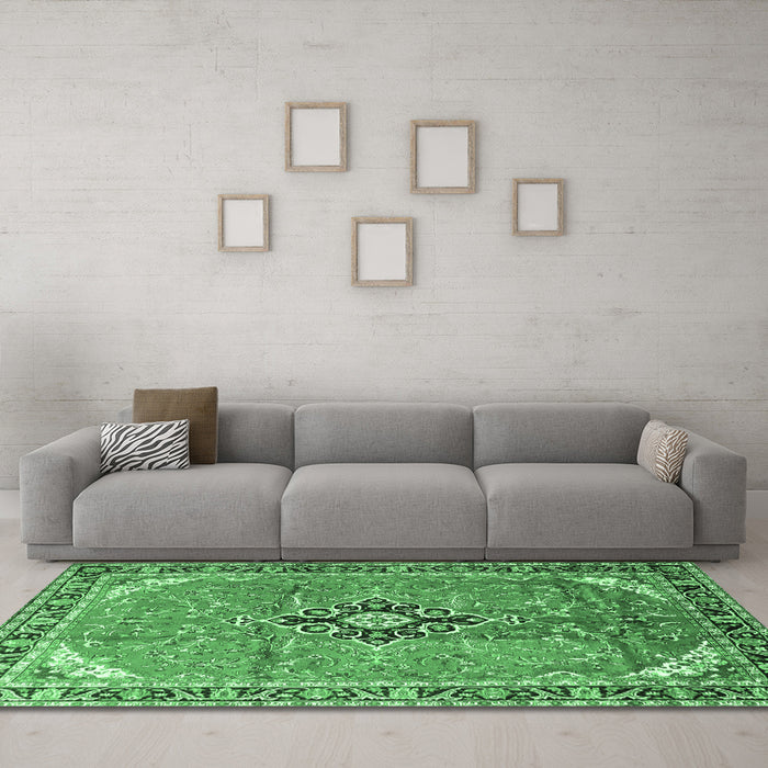 Machine Washable Medallion Emerald Green Traditional Area Rugs in a Living Room,, wshtr1212emgrn
