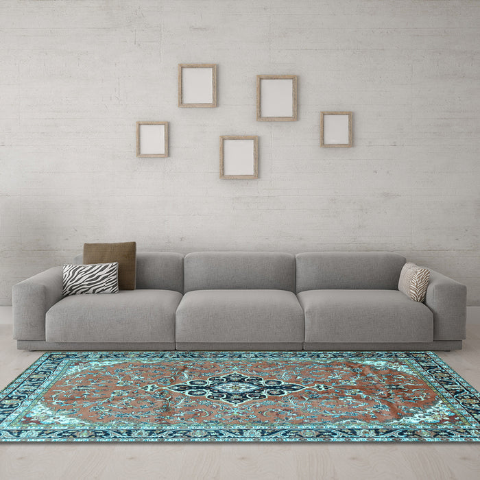 Machine Washable Medallion Light Blue Traditional Rug in a Living Room, wshtr1212lblu
