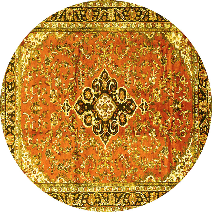 Round Machine Washable Medallion Yellow Traditional Rug, wshtr1212yw