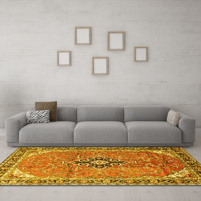 Machine Washable Medallion Yellow Traditional Rug in a Living Room, wshtr1212yw