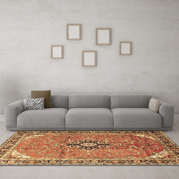 Machine Washable Medallion Brown Traditional Rug in a Living Room,, wshtr1212brn