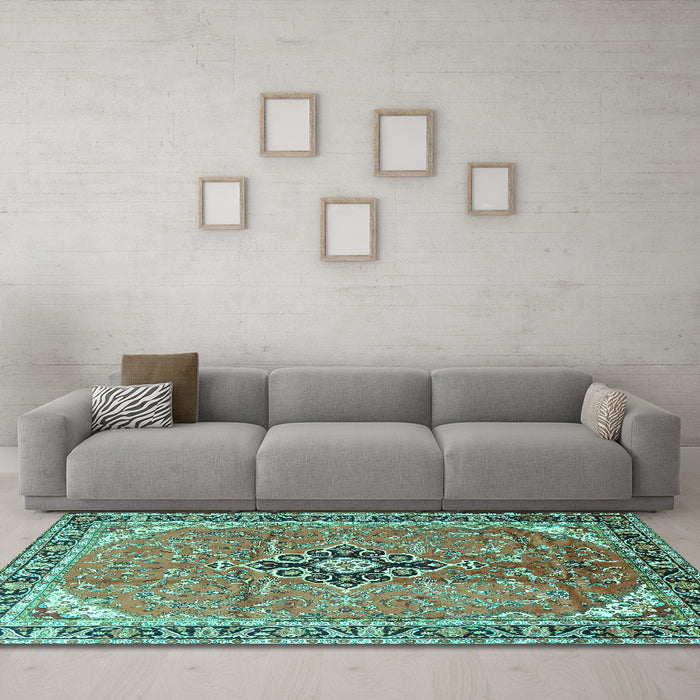 Machine Washable Medallion Turquoise Traditional Area Rugs in a Living Room,, wshtr1212turq
