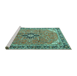 Sideview of Machine Washable Medallion Turquoise Traditional Area Rugs, wshtr1212turq