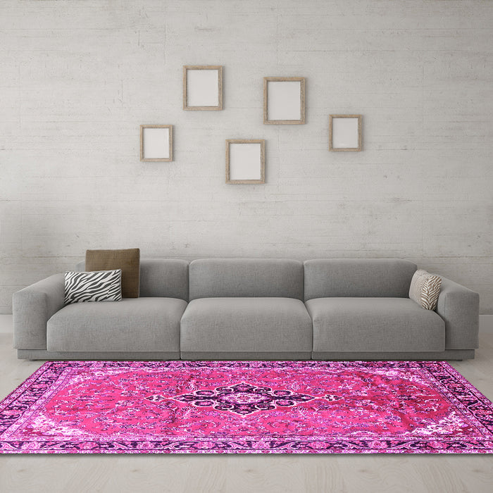 Machine Washable Medallion Pink Traditional Rug in a Living Room, wshtr1212pnk