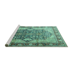 Sideview of Machine Washable Persian Turquoise Traditional Area Rugs, wshtr1213turq
