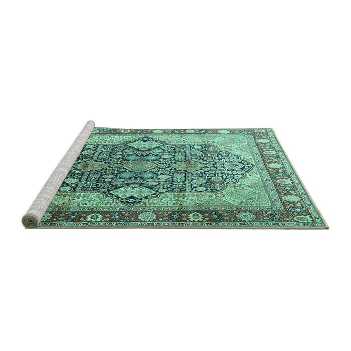 Sideview of Machine Washable Persian Turquoise Traditional Area Rugs, wshtr1213turq