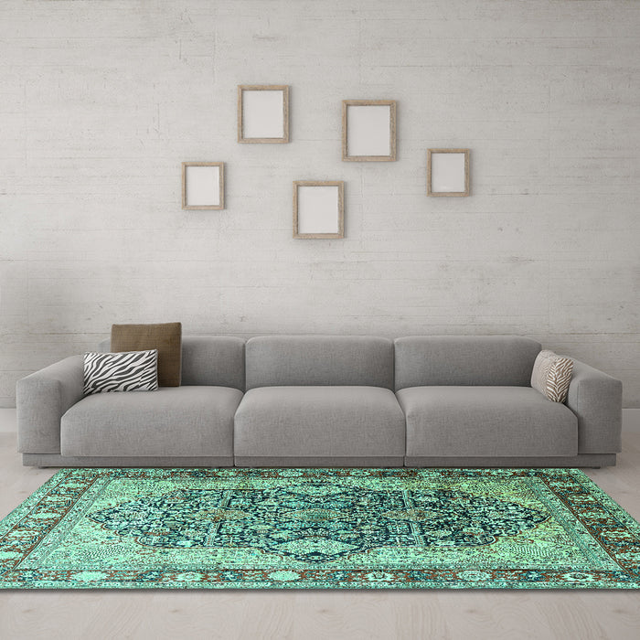 Machine Washable Persian Turquoise Traditional Area Rugs in a Living Room,, wshtr1213turq