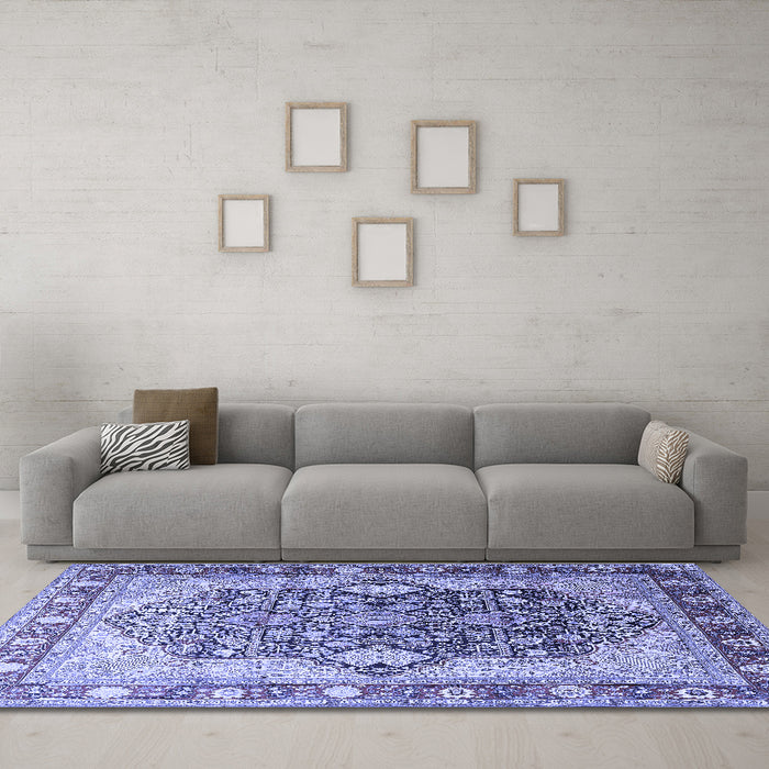 Machine Washable Persian Blue Traditional Rug in a Living Room, wshtr1213blu
