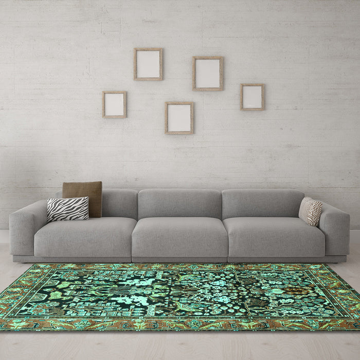 Machine Washable Persian Turquoise Traditional Area Rugs in a Living Room,, wshtr1214turq