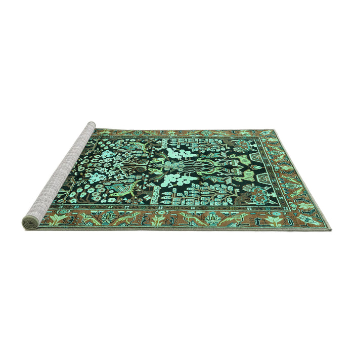 Sideview of Machine Washable Persian Turquoise Traditional Area Rugs, wshtr1214turq