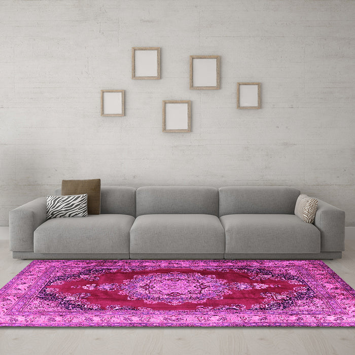 Machine Washable Medallion Pink Traditional Rug in a Living Room, wshtr1215pnk