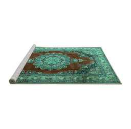 Sideview of Machine Washable Medallion Turquoise Traditional Area Rugs, wshtr1215turq