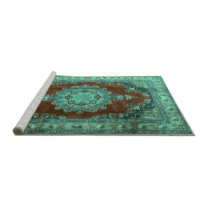 Sideview of Machine Washable Medallion Turquoise Traditional Area Rugs, wshtr1215turq