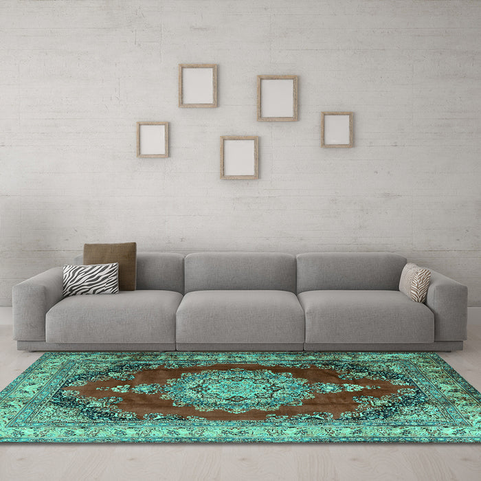 Machine Washable Medallion Turquoise Traditional Area Rugs in a Living Room,, wshtr1215turq