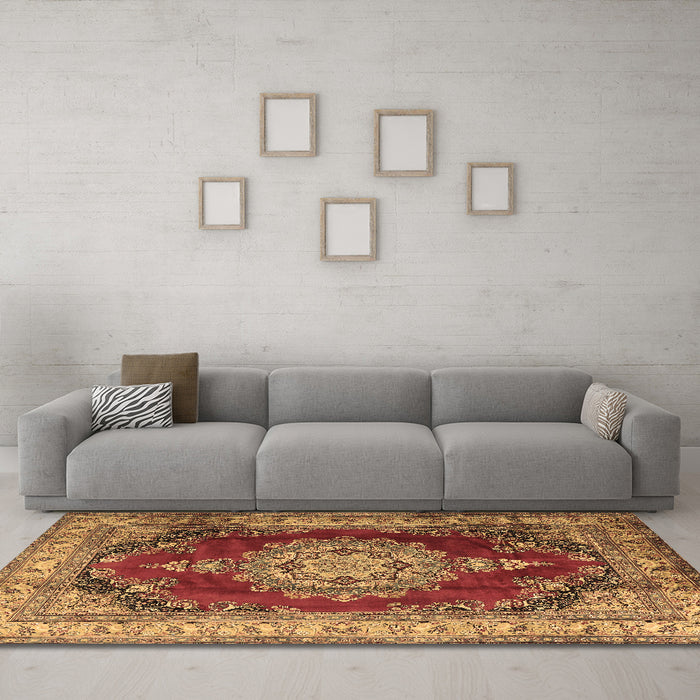Machine Washable Medallion Brown Traditional Rug in a Living Room,, wshtr1215brn