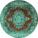 Round Machine Washable Medallion Turquoise Traditional Area Rugs, wshtr1215turq