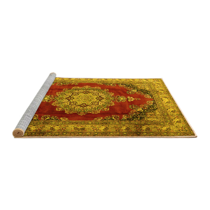 Sideview of Machine Washable Medallion Yellow Traditional Rug, wshtr1215yw
