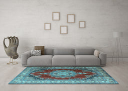 Machine Washable Medallion Light Blue Traditional Rug in a Living Room, wshtr1215lblu