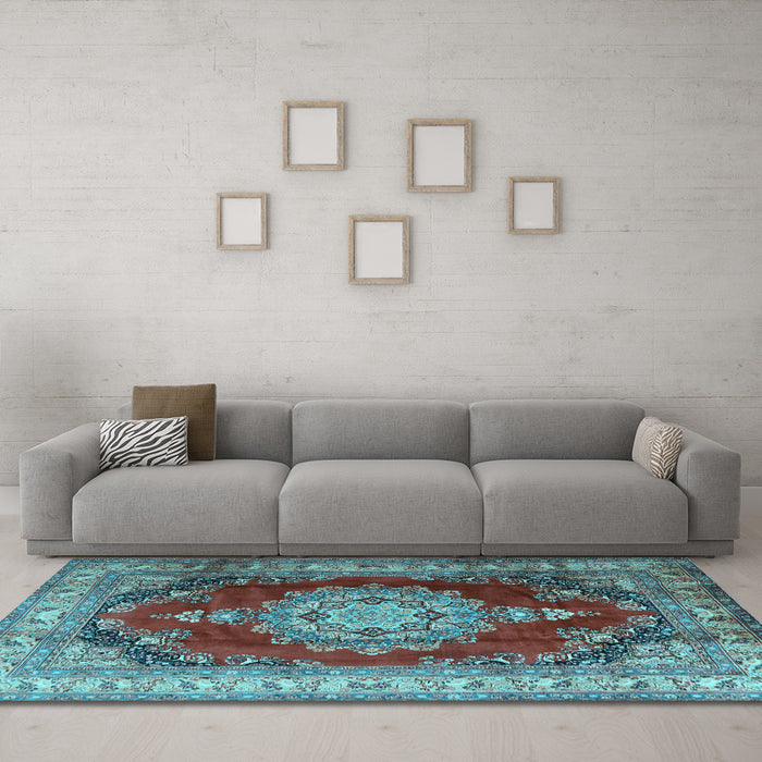 Machine Washable Medallion Light Blue Traditional Rug in a Living Room, wshtr1215lblu