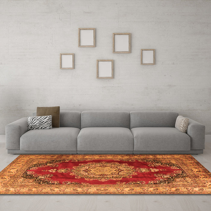 Machine Washable Medallion Orange Traditional Area Rugs in a Living Room, wshtr1215org