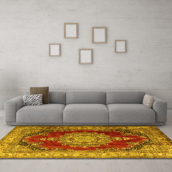 Machine Washable Medallion Yellow Traditional Rug in a Living Room, wshtr1215yw
