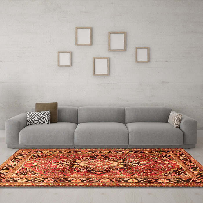 Machine Washable Medallion Orange Traditional Area Rugs in a Living Room, wshtr1216org