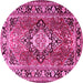 Round Machine Washable Medallion Pink Traditional Rug, wshtr1216pnk