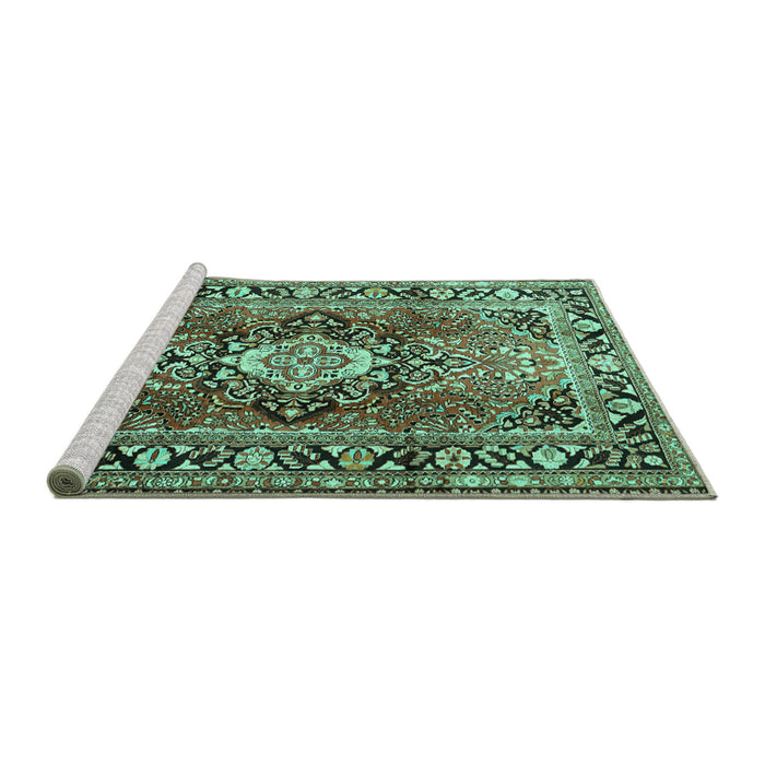 Sideview of Machine Washable Medallion Turquoise Traditional Area Rugs, wshtr1216turq