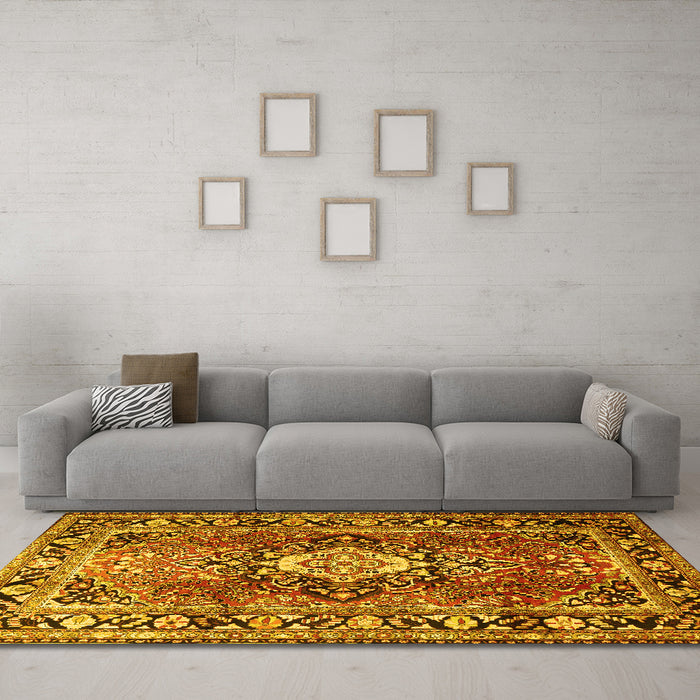 Machine Washable Medallion Yellow Traditional Rug in a Living Room, wshtr1216yw