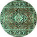 Round Machine Washable Medallion Turquoise Traditional Area Rugs, wshtr1216turq