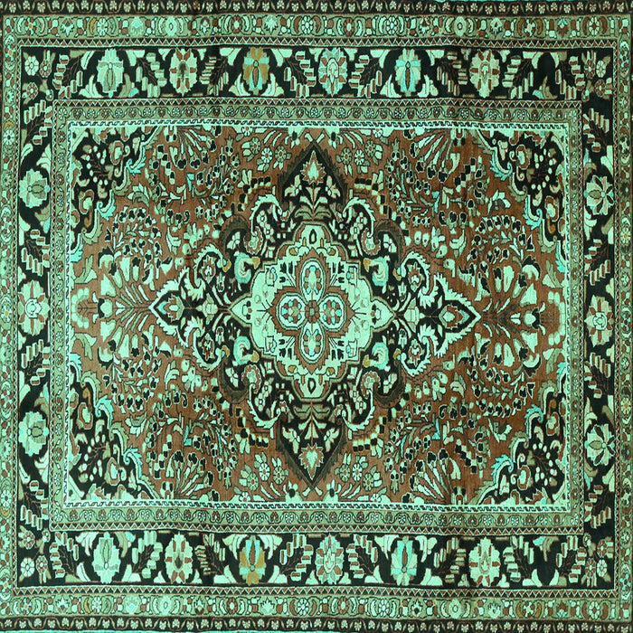 Square Machine Washable Medallion Turquoise Traditional Area Rugs, wshtr1216turq