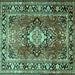 Square Machine Washable Medallion Turquoise Traditional Area Rugs, wshtr1216turq