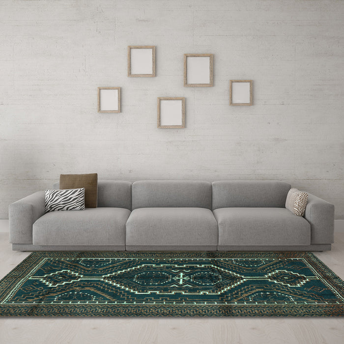 Machine Washable Persian Turquoise Traditional Area Rugs in a Living Room,, wshtr1217turq